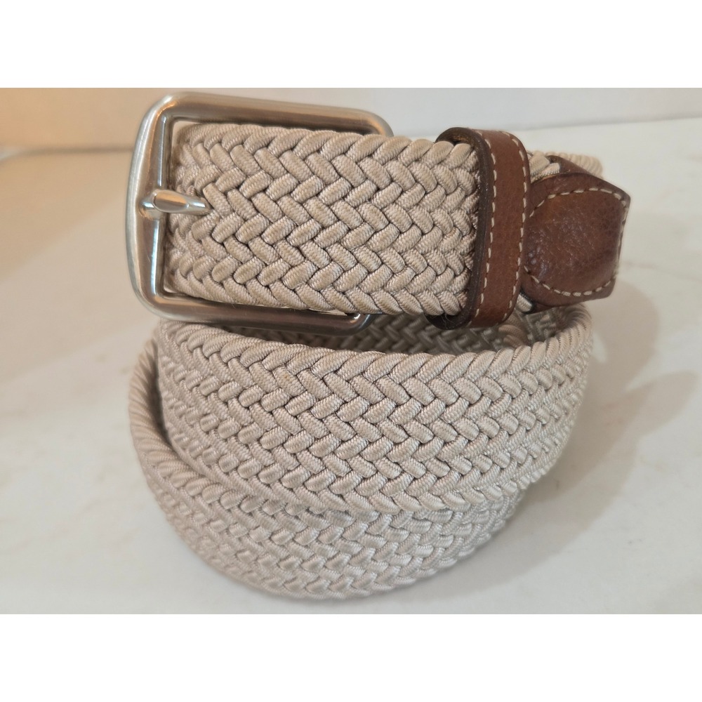 Martin Dingman Braided Stretch Belt 34 Beige Tan Leather Woven Elastic EUC